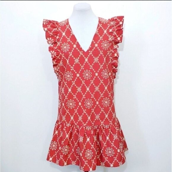 NWT FREE THE ROSES Dusty red ruffle sleeves eyelet boho festival dress - Picture 2 of 11